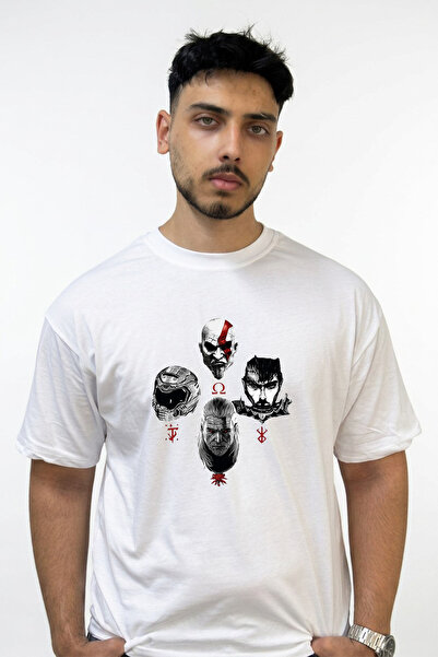 Anetos Kratos Geralt Guts Design Printed Oversize White T-Shirt