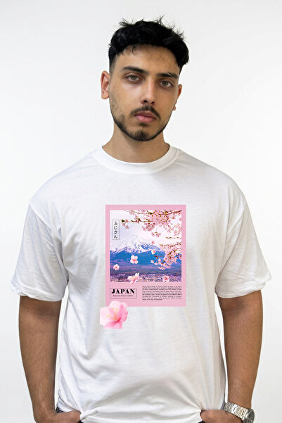 Anetos Fujisan Sakura Design Printed Oversize White T-Shirt