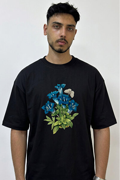 Anetos Gentian Butterfly Design Printed Oversize Black T-Shirt