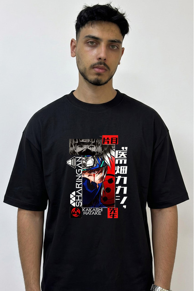 Anetos Kakashi Hatake Design Printed Oversize Black T-Shirt