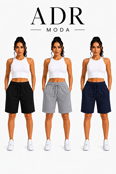 ADR MODA 3’lü Şort Siyah Gri Lacivert Rahat Kalıp Şort Seti Yazlık Günlük Kul...