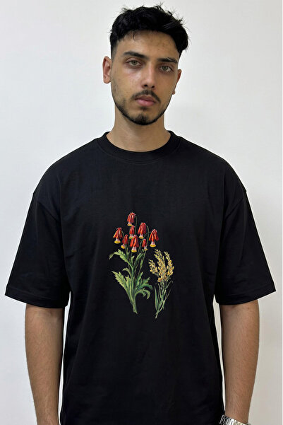 Anetos Red Fritillaria Design Printed Oversize Black T-Shirt