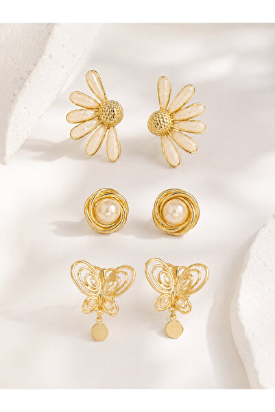 MRK 3 Pairs Earring Set Floral Pearl Füsun Earrings