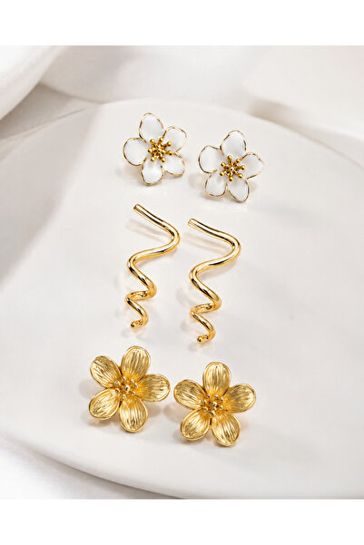 MRK 3 Pairs Earring Set Enameled Spiral Flower Earrings