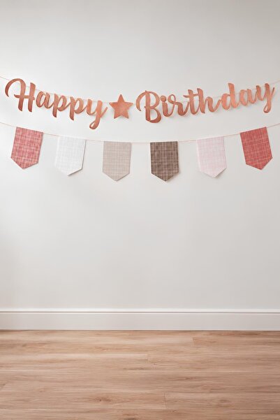 Patladı Gitti Kiremit Renk Happy Birthday Banner Seti – Ekose Flamalı Doğum G...