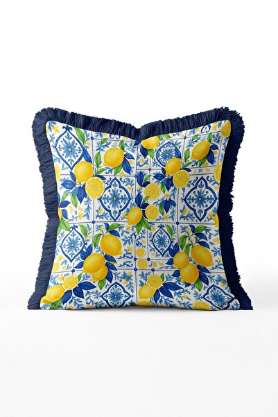 IdeCraft Tile and Lemon Pattern Geometric Fringe Throw Pillow Cover - Navy Bl...