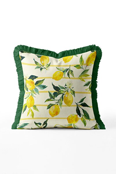 IdeCraft Striped Lemon Pattern Botanical Summer Fringe Throw Pillow Cover - G...