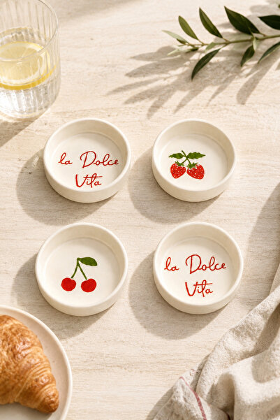 Papart Vita Red 4 Piece 10 cm Handmade Ceramic Bowl Set Snack Bowl Presentati...