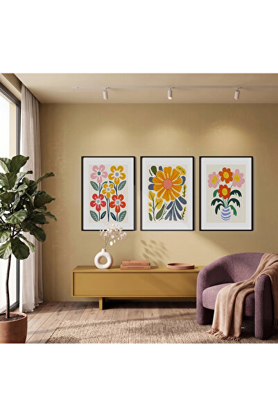 KOLAJTASARIM Cheerful Modern Flowers 3-Piece Black Framed Painting Set Bohemi...