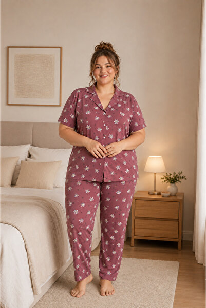 FORMO Women's High Quality Plus Size Shirt Collar Buttoned Battal Pajama Set