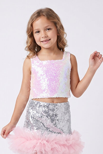 Le Mabelle White Square Collar Sequined Sleeveless Crop Blouse for Girls - Ci...