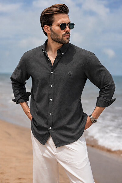 ixir Men's 100% Cotton Linen Textured Shirt Summer Comfortable Fit Black