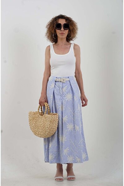 Zelish My Sister Floral Embroidered Belted Striped Trouser Skirt
