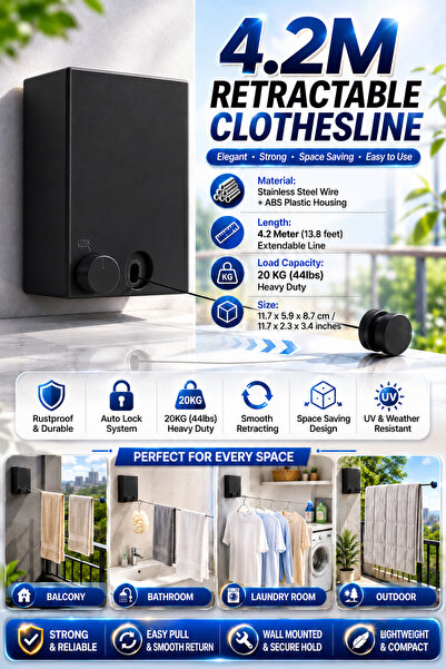 Baytix HOME 4.2M Wall Mounted Retractable Clothesline Heavy Duty Stainless St...
