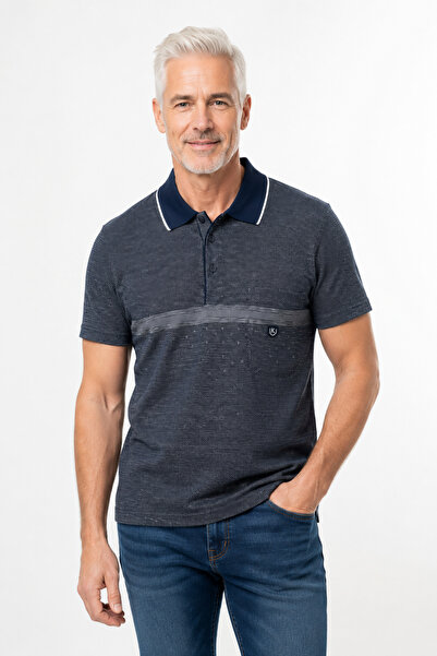 bihan store Men's Jacquard Panel Polo Collar T-Shirt 1968-Navy Blue