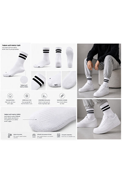KAŞE ÇORAP Beyaz Siyah Çizgili Havlu Taban Spor Çorap Unisex Pamuklu Tenis Ço...
