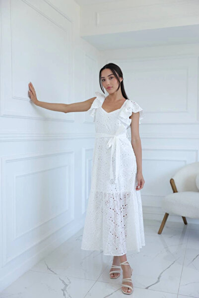 Myra Belted Embroidered Dress-White