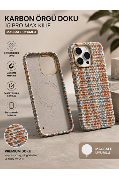 WOTOBEUS Premium Karbon Örgü Dokulu MagSafe Uyumlu iPhone 15 Kılıf Kadife İç ...