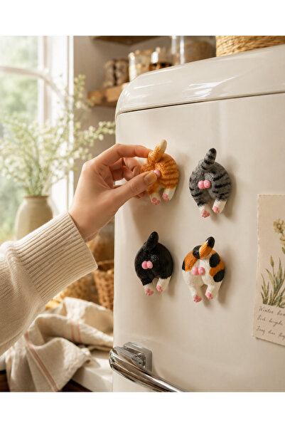 AlohamoraShop 6 Adet Kedi Poposu Buzdolabı Magneti | 3D Dekoratif Kedi Magnet...