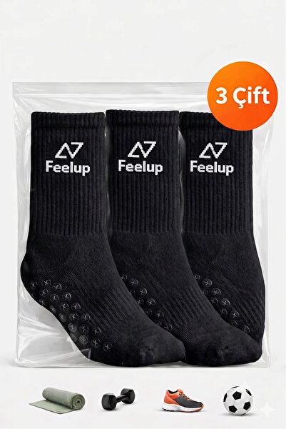 feelup 3 Çift Kaydırmaz Taban Futbol ve Halı Saha Çorabı Beyaz - Yoga, Pilate...