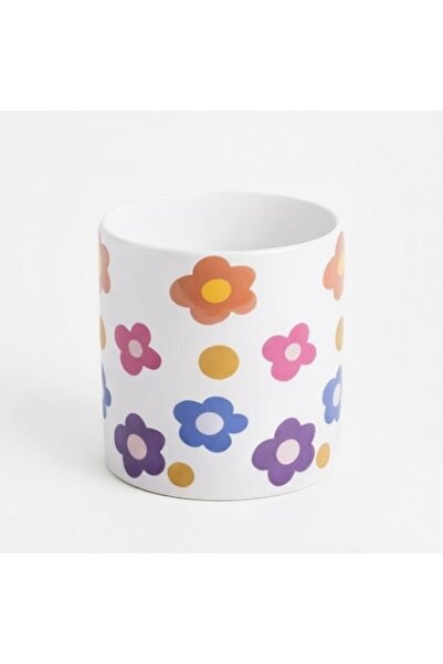 SHOPIENS Ghiveci ceramic alb pentru plante cu model floral colorat, pentru in...