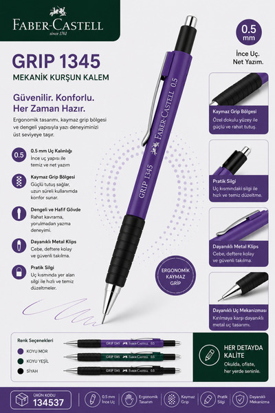 Faber Castell Faber-Castell 1345 0.5 mm Mekanik Uçlu Kalem – Ergonomik Kaymaz...