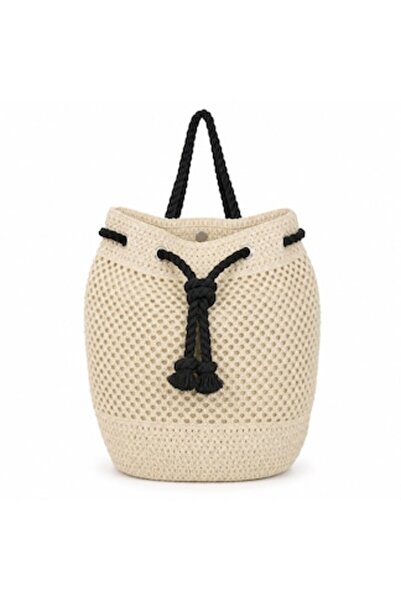 SHOPIENS Rucsac de plajă ecru cu mânere din șnur negru, închidere magnetică, ...