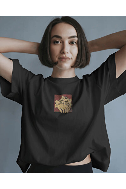 buzagi tasarım ürünleri Cat Bite Unisex Black Oversize T-Shirt