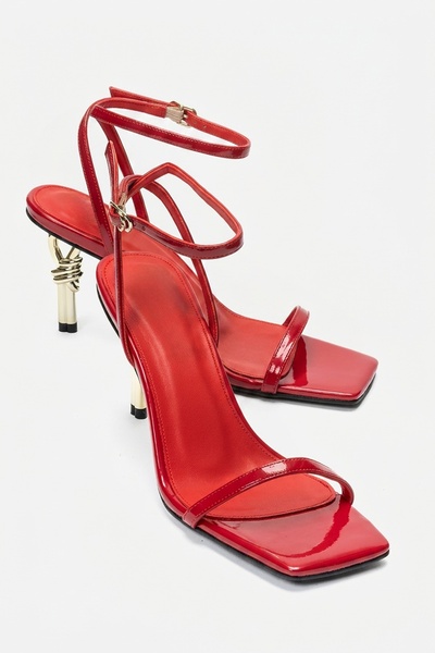 LuviShoes Sone Red Patent Leather Gold Heeled Thin Strap Women's Heeled Shoes