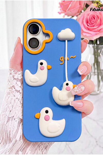 Fibaks iPhone 16 Kılıf 3D Ördek Figürlü Oyuncak Askılı Silikon Telefon Kılıfı...