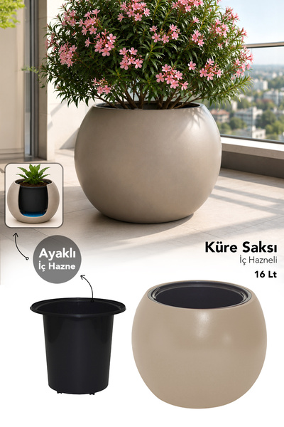 Meleni Home Büyük Küre Model Bitki Saksısı - Modern İç Hazneli Çiçek Balkon S...