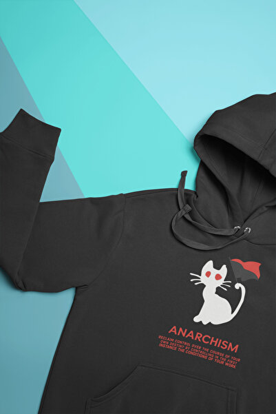 buzagi tasarım ürünleri Anarchism Cat Unisex Black Hooded Sweatshirt