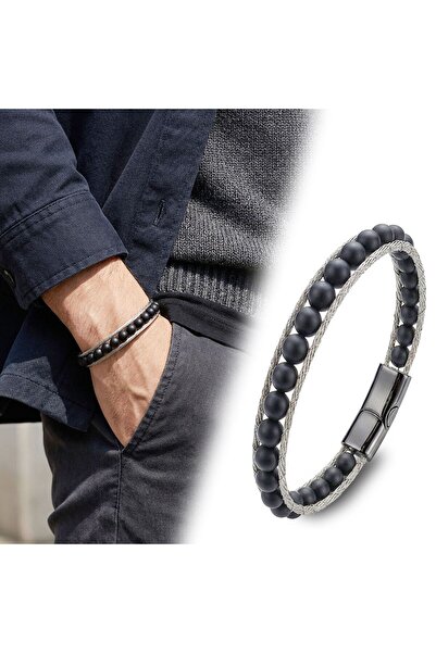 OGHAMAY Onyx Natural Stone and Steel Rope Braided Bracelet 18392B2Dh1