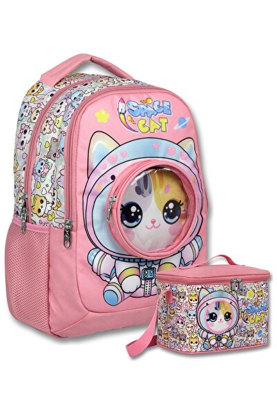 ÜMİT ÇANTA Girl's Astronaut Cat Printed School Bag + Lunch Box Set - Setumt6003B