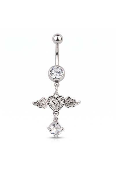 Karaşah Kanatlı Kalp Zirkon 10x1,6mm Çelik Göbek Piercing