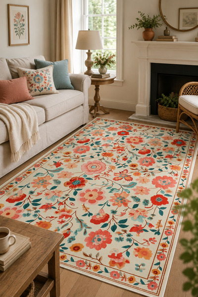 Serteks Modern Floral Desen Baskılı Kaymaz Yıkanabilir Salon Oturma Odası Ant...