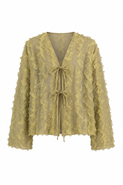 HAZELANNA Saçaklı Yağ Yeşili Kimono
