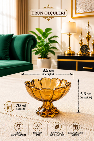 Gülümseten Avm 6'lı Bal Rengi Cam Ayaklı Lotus Çiçeği Kahve Yanı Lokumluk Sun...
