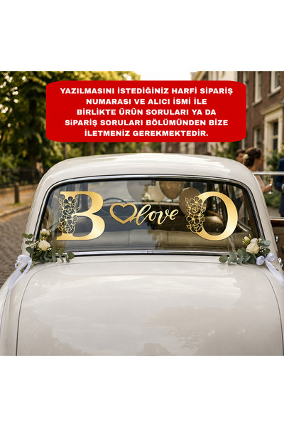 Handmade GOLD Kişiye Özel 2 Adet Baş Harf Ve Love Yazısı Gelin Arabası Cam Sü...