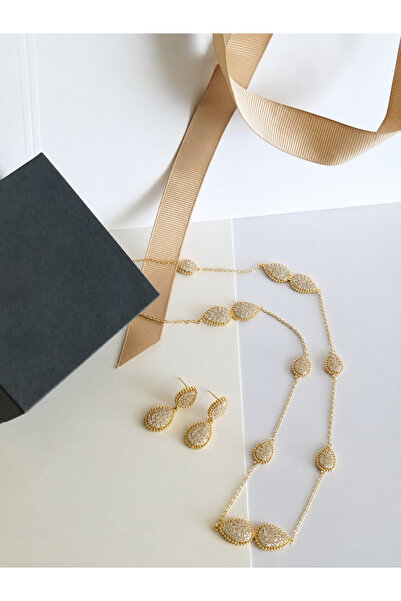 Rexon Elegant Stone-Accented Necklace and Earring Set – Stainless Steel Gold ...