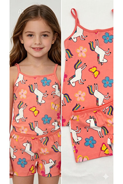 elmas kids Kız Çocuk Unicorn ve Kelebek Desenli %100 Pamuklu Pembe Askılı Şor...