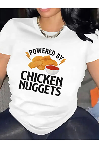 1001moda T-Shirt with "Powered by Chicken Nugget" Graphic, Crew Neck, Lightwe...