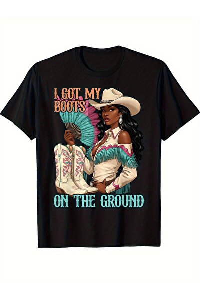 1001moda Western Cowgirl "I Have Boots Under My Feet" Black Glamour Graphic T...