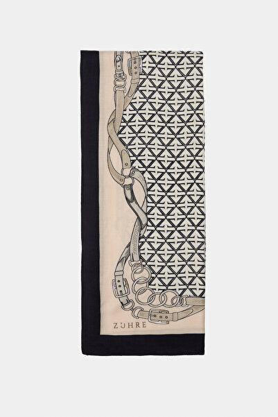 Zühre Buckle Belt Printed Geometric Patterned Black Shawl 0064