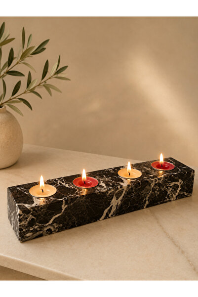 PEARL Doğal Siyah Mermer 4’lü Tealight Mumluk – 31x5 cm Dekoratif El Yapımı M...