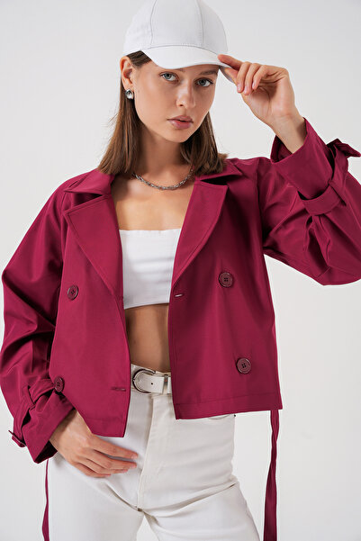 Merterium Women's Belted Short Trench Coat 1570 - Burgundy