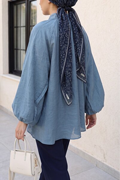 HİJABAYA Oversized Tulle Voile Blouse with Tie Collar and Half Buttons - Petrol