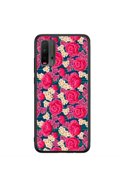 Other Xiaomi Redmi 9T Red and pink Flowers Black Glossy Θήκη