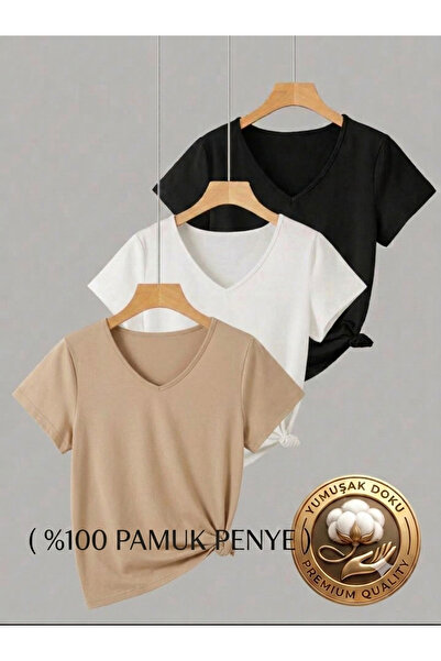 FAVORİST 3 Pieces V-Neck Regular Fit Women's T-Shirt (100% Cotton)