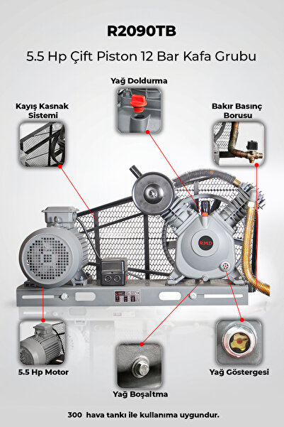 R.M.D Kompresör 5.5 Hp Çift Piston 12 Bar Kafa Grubu R2090TB